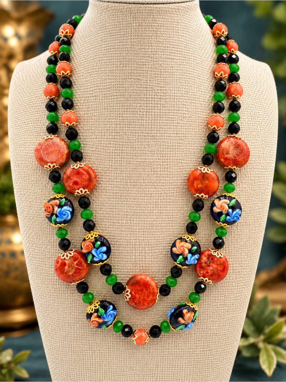 Artisan Hand Knotted Coral Lampwork Czech Glass Double Strand Necklace 18-20”